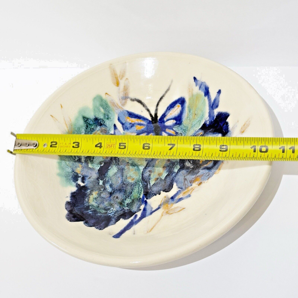 Hand Thrown Art Pottery Bowl Butterfly Iridescent Blue Green Artist Signed 10.5" - Picture 5 of 6